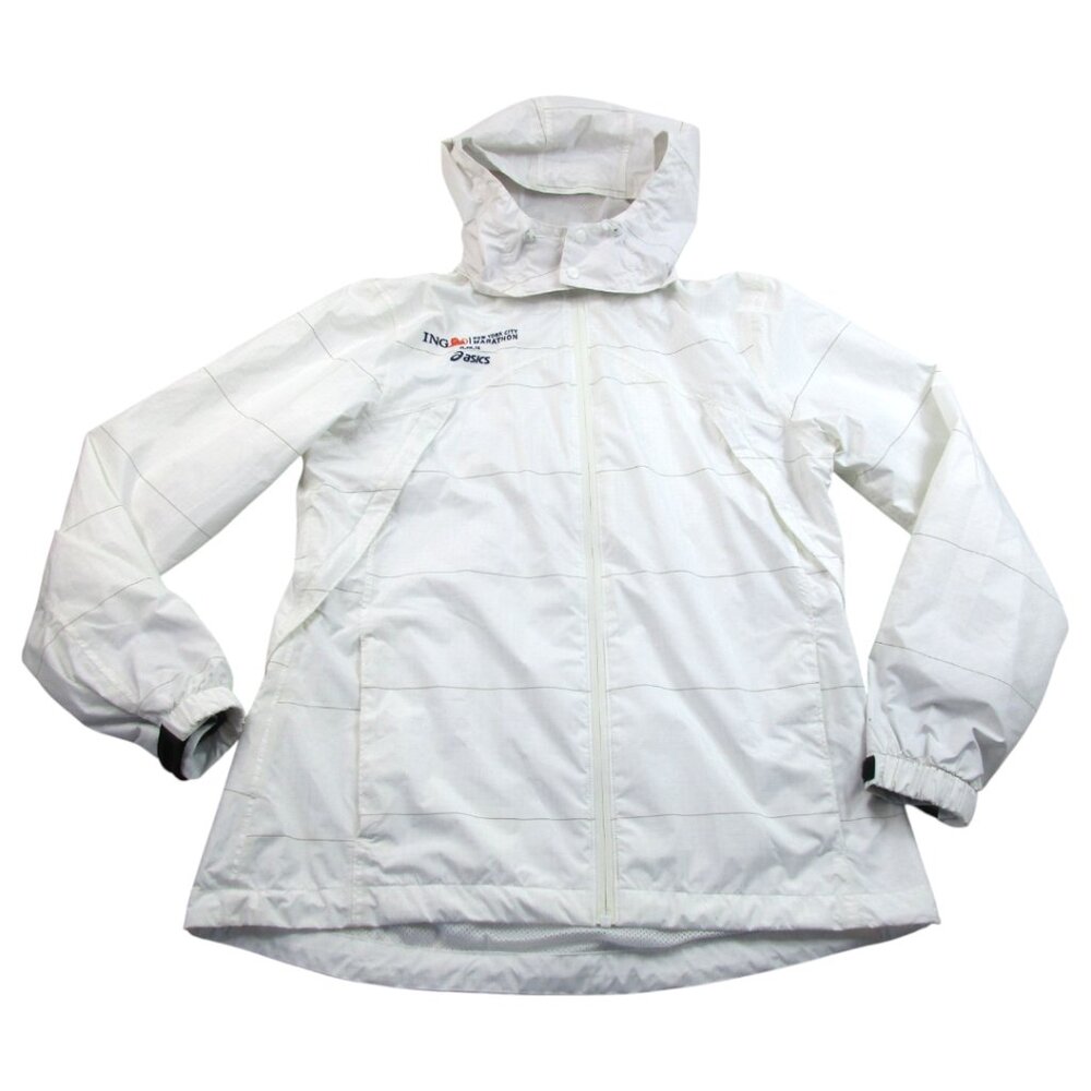Asics New York City Marathon Jacket Womens 12 White Windbreaker Hooded Full Zip‎